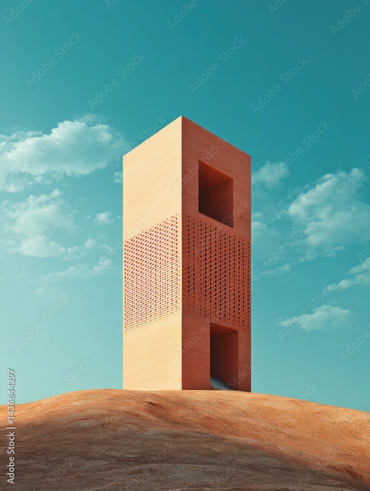 Poster tall, rectangular structure made of orange-colored bricks with a perforated pattern on the sides. th