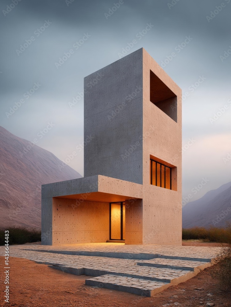 Poster modern concrete building with a unique architectural design. the building is located in a desert-lik