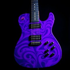 A vibrantly colored guitar, adorned with intricate swirling patterns including flowers and abstract shapes art illustration design