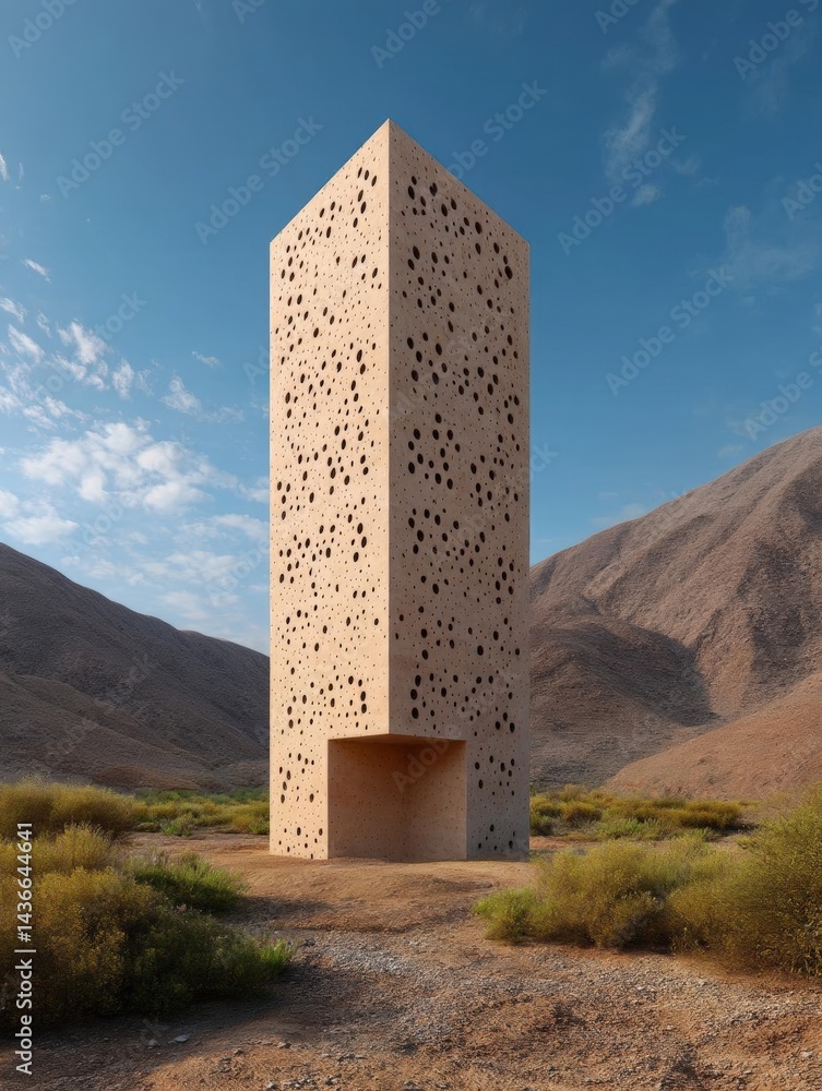 Poster tall, rectangular structure in the middle of a desert-like landscape. the structure appears to be ma