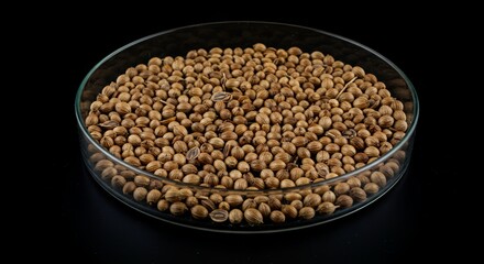 Fototapeta premium Coriander Seeds in Glass Dish Closeup Isolated on Dark Background