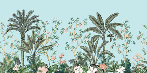 Tropical vintage botanical palm trees, banana tree, floral rose tree, green plants, flower, leaves seamless border blue background. Exotic jungle wallpaper.