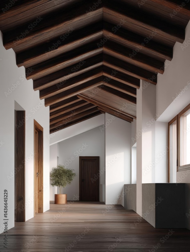 Poster empty room with a high ceiling made of wooden beams. the beams are arranged in a zigzag pattern, cre