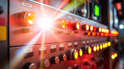 A detailed control panel with various buttons, knobs, and switches for industrial machinery management.