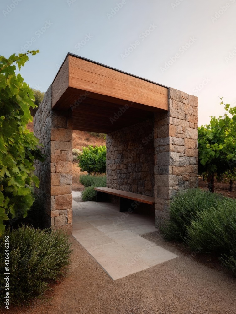 Poster Stone archway in a vineyard. the archway is made of stacked stone blocks and has a wooden roof. it is supported by a concrete pathway and is surrounded by rows of grapevines.