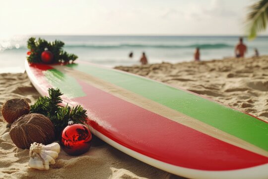 Colorful surfboard adorned with festive decorations on sandy bea
