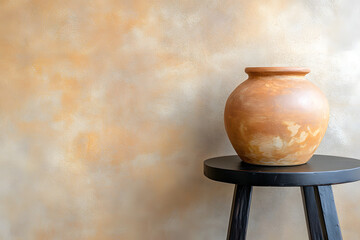 A rustic clay pot resting on a black stool against a textured, warm-toned wall, evoking a tranquil and artistic atmosphere