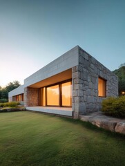 Modern, minimalist house with a unique design. the house is made of gray stone blocks and has a sloping roof.