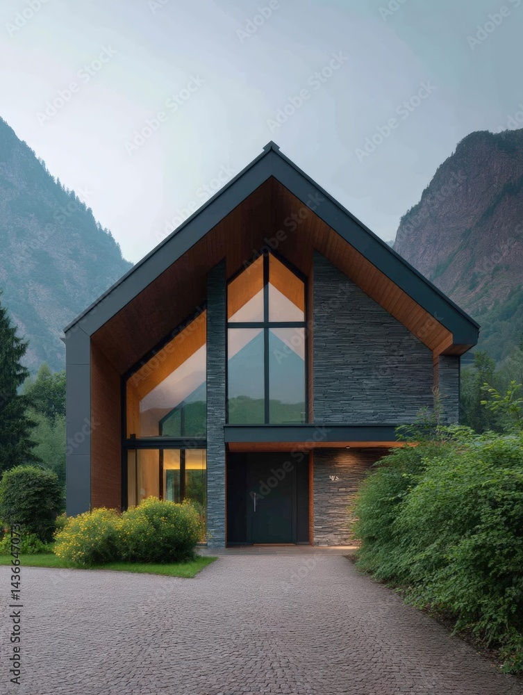 Poster modern house with a unique design. the house has a sloping roof with a triangular shape and a large 