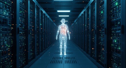 Human Figure Standing in Server Room Data Flow Visualization