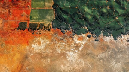 Aerial view of diverse landscape, showing contrasting colors of farmland and barren land.