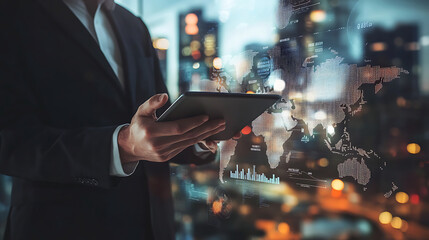 Businessman using tablet analyzing global market data at night city view.