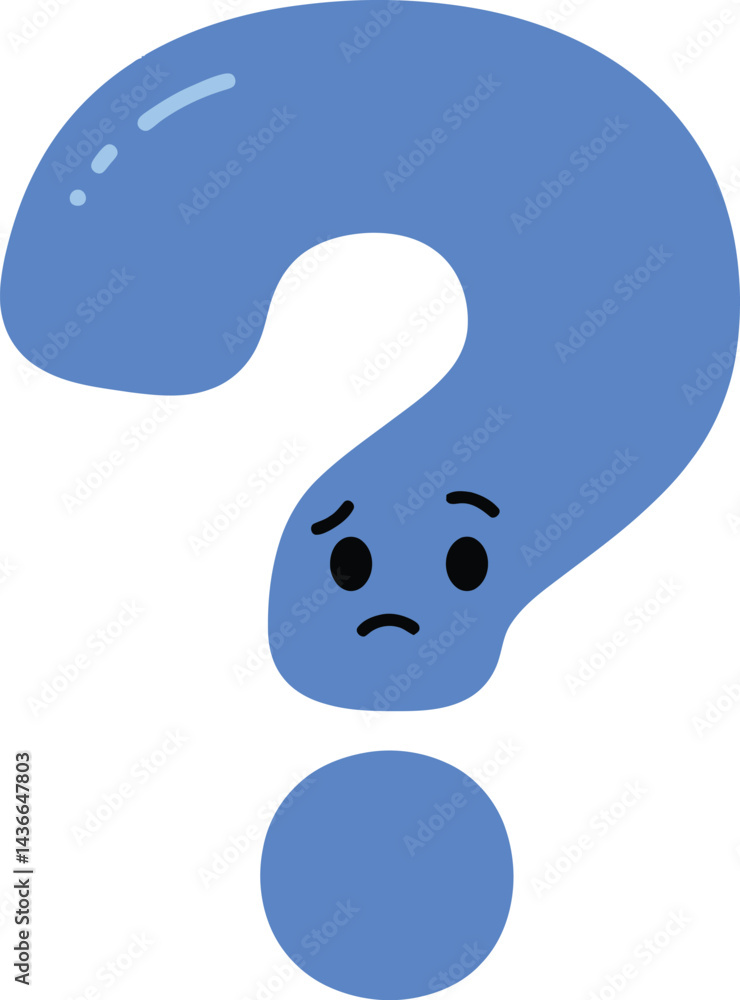 Poster sad blue question mark symbol representing confusion and uncertainty in simple vector style