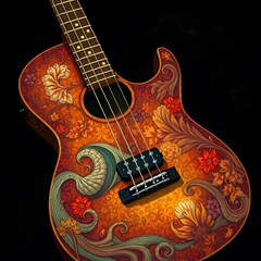 A vibrantly colored guitar, adorned with intricate swirling patterns including flowers and abstract shapes art illustration design