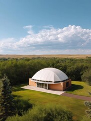 Large white dome-shaped building with a curved roof on top of a grassy hill. the building appears to be a modern structure with a flat roof and large windows on the sides.