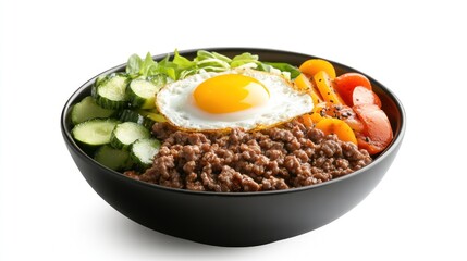 Bowl of food with rice meat vegetables and fried egg isolated on white.