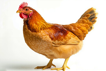 A brown chicken standing on a white surface