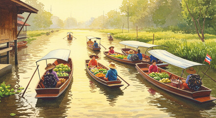 Obraz premium Vibrant Floating Market Scene Boats, Produce, and Golden Hour