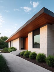 3d rendering of a modern house. the house has a sloping roof with a wooden panel on top. the exterior walls are made of white bricks, and there are large windows on the right side of the house.