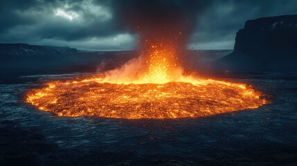 Burning crater in a dark landscape with fire and smoke against a cloudy sky.