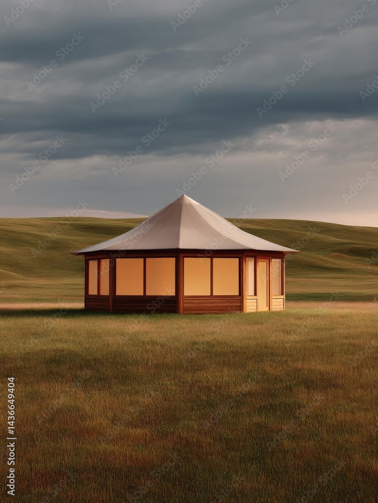 Poster large tent in the middle of a vast open field. the tent is white with a triangular roof and has mult