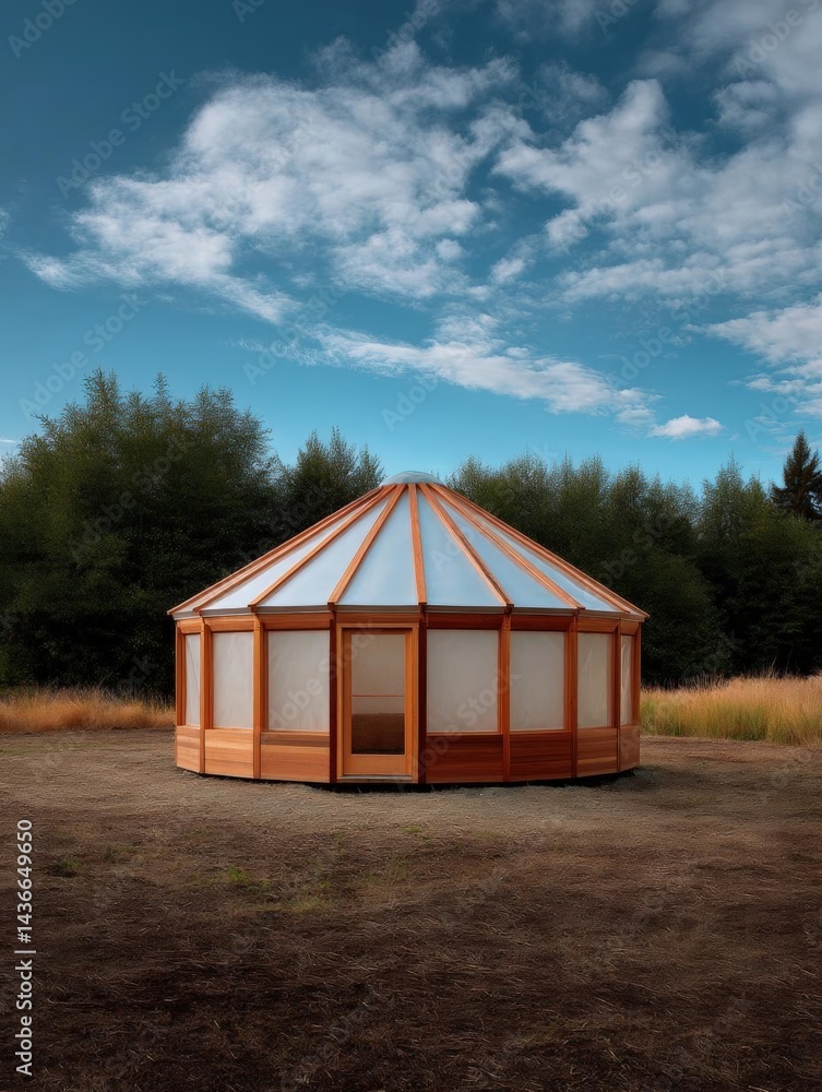Aufkleber round wooden structure with a corrugated metal roof in the middle of a field. the structure appears 