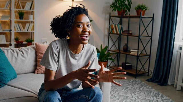 A woman enthusiastically speaks in a home setting, captured in a mid-shot angle, creating an engaging and relatable video atmosphere. Live desktop wallpaper.