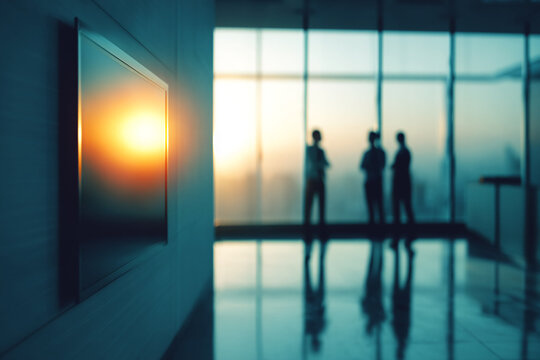 Wall-mounted screen displaying sunset, blurred silhouettes of businesspeople by large window in background, showcasing modern office space, ideal for business or corporate concepts