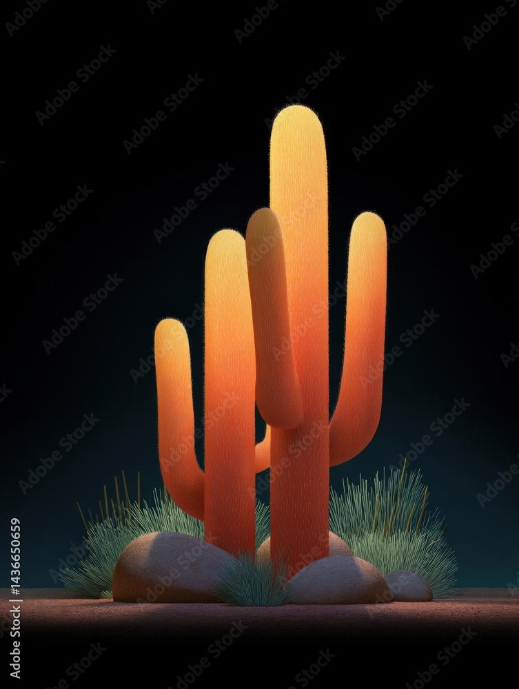 Poster digital illustration of a cactus plant in a desert-like environment. the cactus is tall and slender,