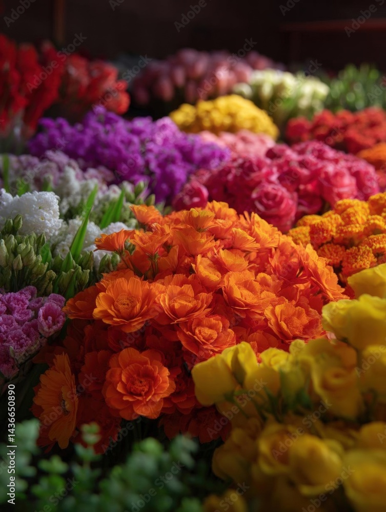Poster close-up of a bunch of colorful flowers. the flowers are arranged in a way that they are overlapping