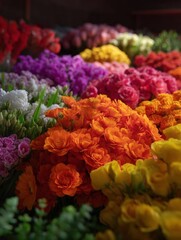Fototapeta premium Close-up of a bunch of colorful flowers. the flowers are arranged in a way that they are overlapping each other, creating a beautiful and vibrant display.