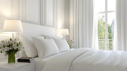 Bright Still Life of a Bedside Table with Lamp and Flowers