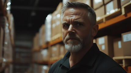 Obraz premium Man in a Warehouse with Cardboard Boxes