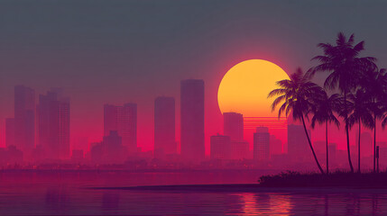 Pink and purple cityscape skyline at sunset, palm trees silhouette, large yellow sun, reflecting water, tranquil scene, evokes calmness and warmth