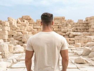 Man stands before ancient ruins