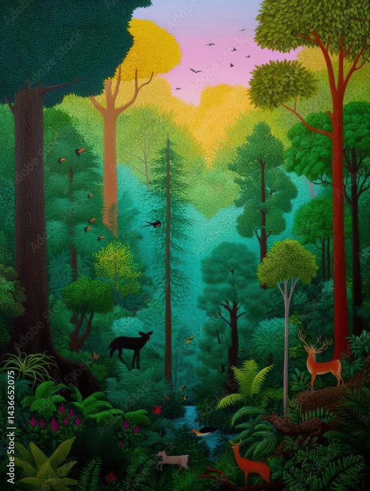 Poster digital illustration of a lush forest scene. the background is filled with tall trees and lush green