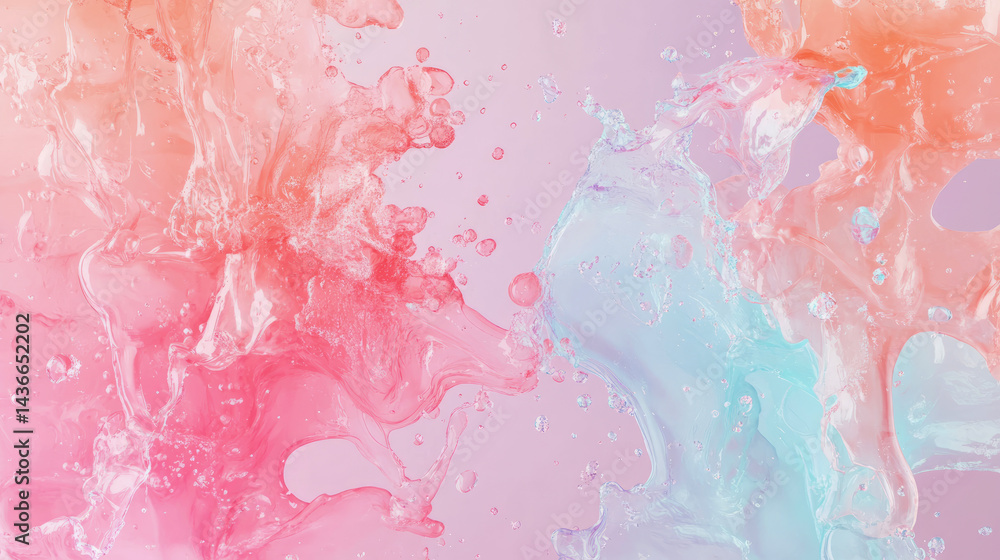 Poster abstract collision: pink and blue liquid splashes in a dynamic convergence for modern print