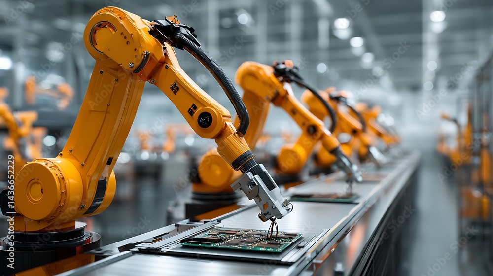 Aufkleber a series of robotic arms work in unison to assemble circuit boards on a production line, the bright,