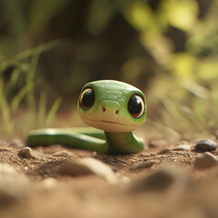 Vibrant green serpent curling on forest floor, wide-eyed and relaxing beneath verdant canopy with soft sunlight streaming through tropical foliage