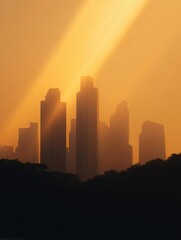 Obraz premium Photograph of a city skyline at sunrise or sunset. the sky is a warm orange color and the sun is shining brightly, creating a ray of light that illuminates the buildings.