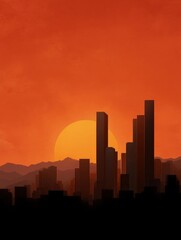 Fototapeta premium Digital illustration of a city skyline at sunset. the sky is a gradient of orange and red, with the sun partially visible in the background.