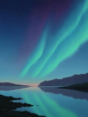 Beautiful landscape of a lake with mountains in the background. the sky is filled with stars and the colors of the aurora borealis, also known as the northern lights, are visible in the sky.