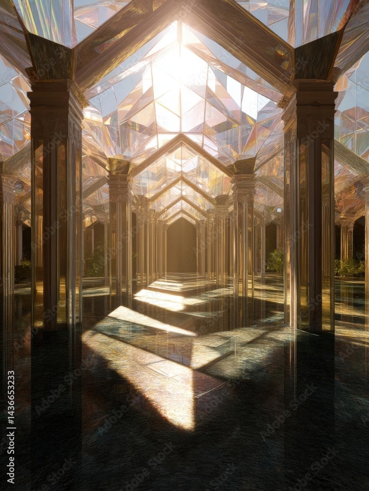 Poster long corridor with a high ceiling made of glass and metal. the ceiling is made up of multiple rows o