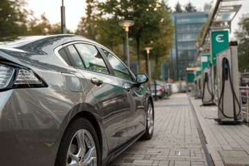 Silver Electric Car Charging at Station with Charging Points and Cord Cables on Paved Surface near Trees