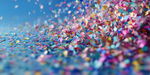Colorful confetti scattered on blue background, some confetti in mid-air, creating a festive and celebratory mood, ideal for party invitations or celebratory designs