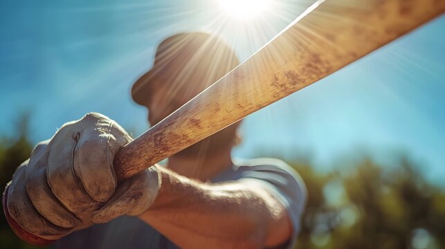 A baseball player holding a bat, with the sun shining brightly in the background, ready to swing during a game in the outdoors.