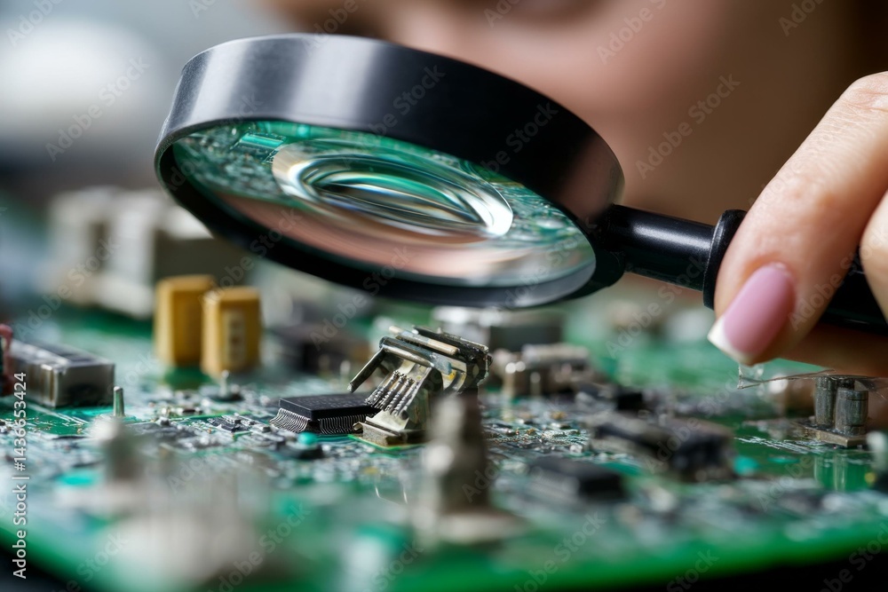 Poster examining a green computer circuit board with magnifying glass for microscopic flaws and precise com