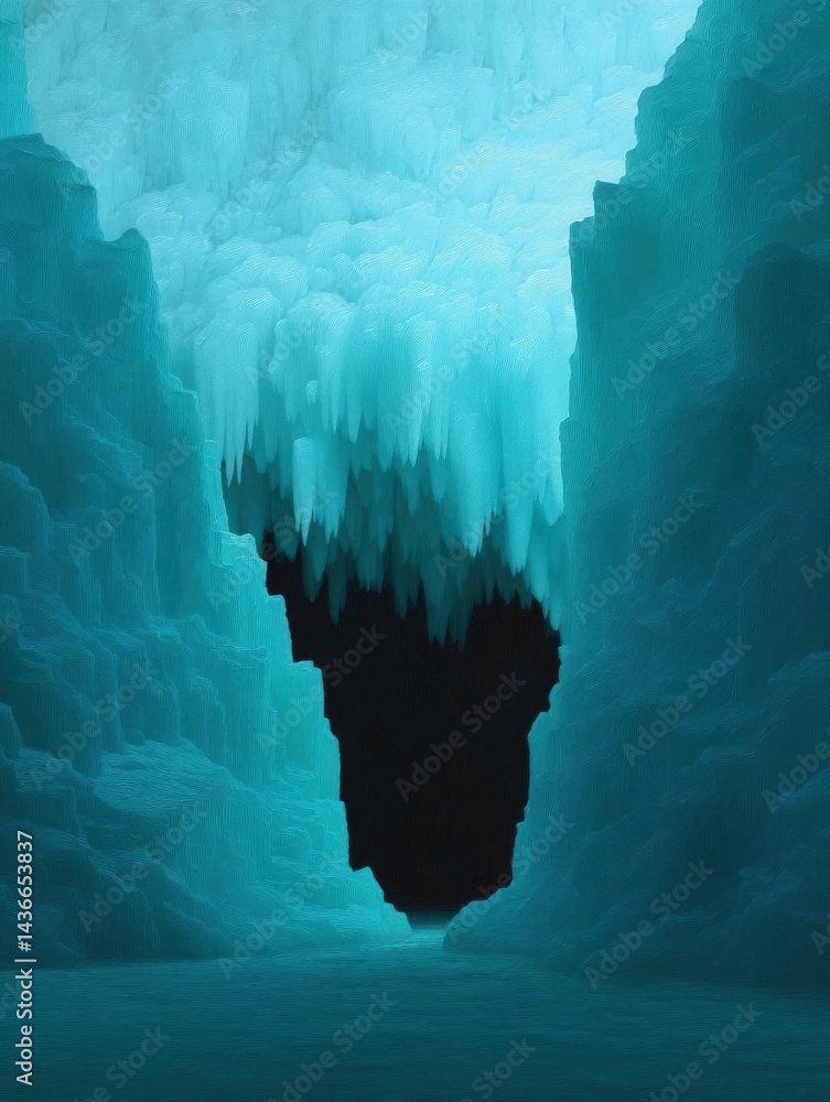 Poster digital illustration of an ice cave. the cave is made up of multiple layers of ice, with the top lay