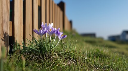 small cluster of purple crocuses on green grass with wooden fence and blue sky in distance 