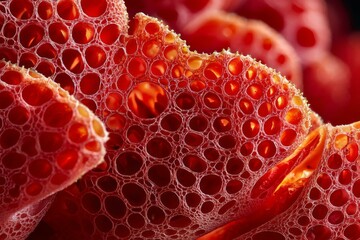 Abstract Close-Up of a Vibrant Red Sea Sponge Surface with Intricate Porous Structure and Complex Texture